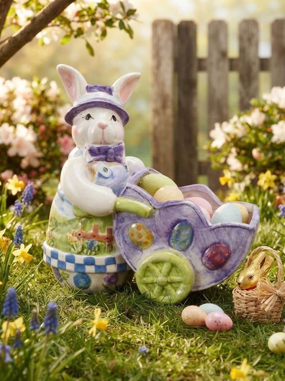 Easter Bunny Push Cart Figurine - Purple and White